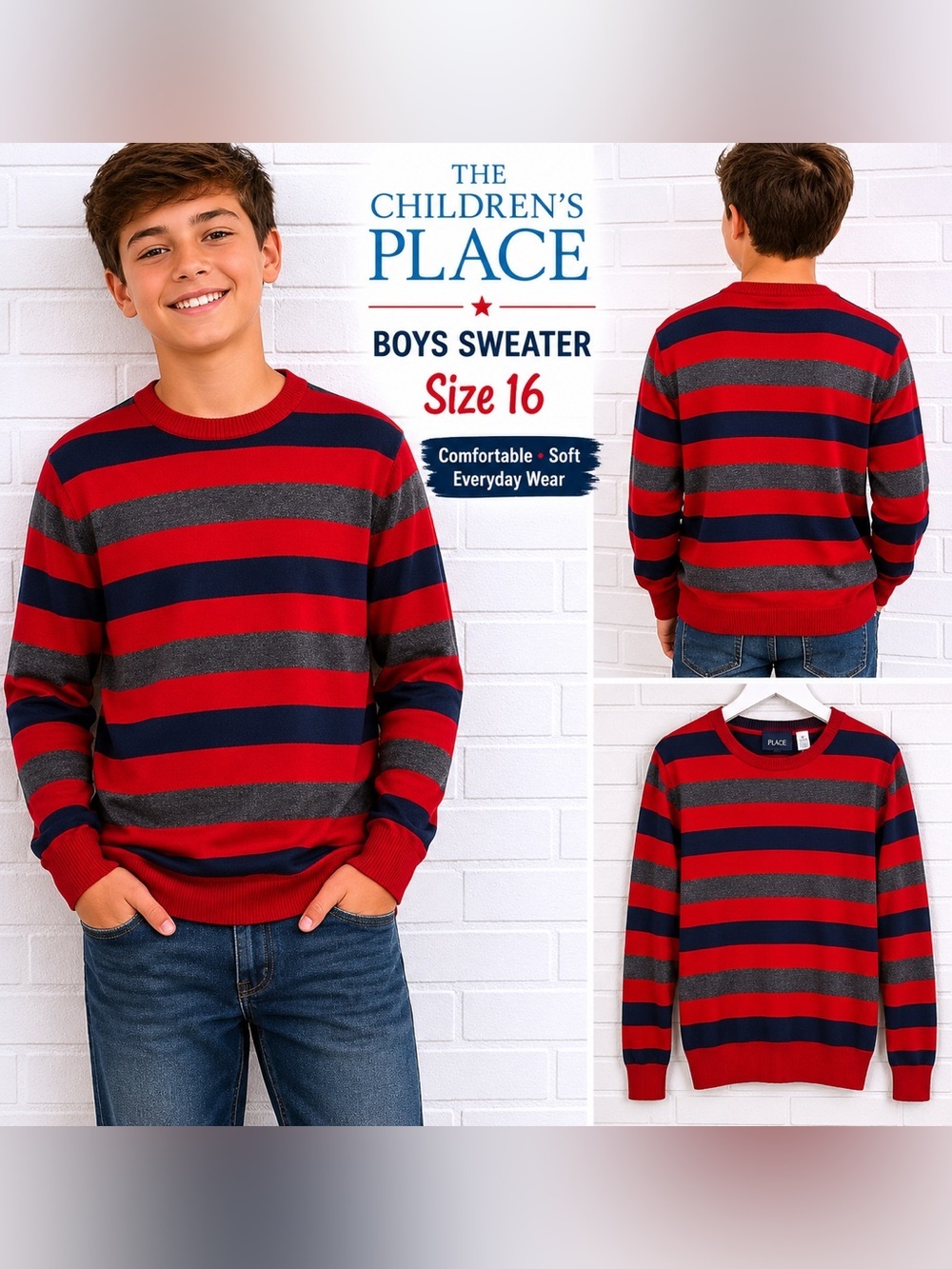 The Children’s Place Boys Striped Sweater Size 16 Red Blue Gray Crewneck